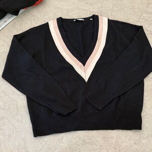 Sandro Black V-Neck Sweater with Pink and Cream Stripe